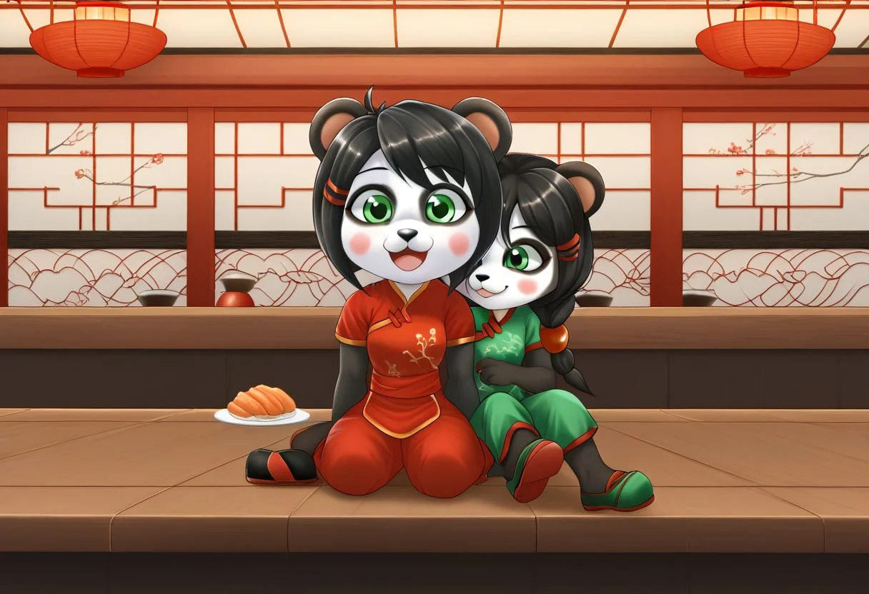 zPDXLxxx, YayaPandaPXL, furry,furry female, animal ears, green eyes, braid, black hair, panda ears, hair over shoulder, hair ornament, animal nose, blush, blush stickers, happy, simple chinese red dress, joyful, black chinese pants, black chinese shoes, serving chinese cuisine, working at chinese boufett, chinese food restaurant, cheerful, happy customers, china decorations, chinese restaurant,