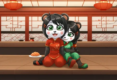 zPDXLxxx, YayaPandaPXL, furry,furry female, animal ears, green eyes, braid, black hair, panda ears, hair over shoulder, hair ornament, animal nose, blush, blush stickers, happy, simple chinese red dress, joyful, black chinese pants, black chinese shoes, serving chinese cuisine, working at chinese boufett, chinese food restaurant, cheerful, happy customers, china decorations, chinese restaurant,
