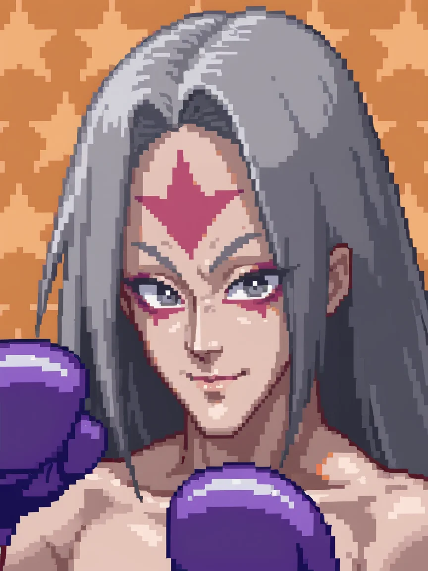 <lora:PonyXL_-_SNES_Super_Punch_Out_Portraits:0.75> super_punch_out_portrait, star_patterned_background, boxing glove, purple boxing gloves, heiki kagero, long grey hair, smile, light skin, makeup, face paint, orange background,