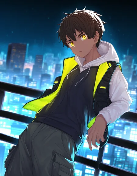 masterpiece, nayoshi-style, science fiction, depth of field, outdoors, cityscape, night, dark 1boy, solo, brown hair, glowing yellow eyes, leaning against railing, wind, dark skin, white hoodie, vest, open vest, cargo pants, looking down at viewer <lora:nayoshi-naixl_vpred-v5Ne-ShoAI:1>