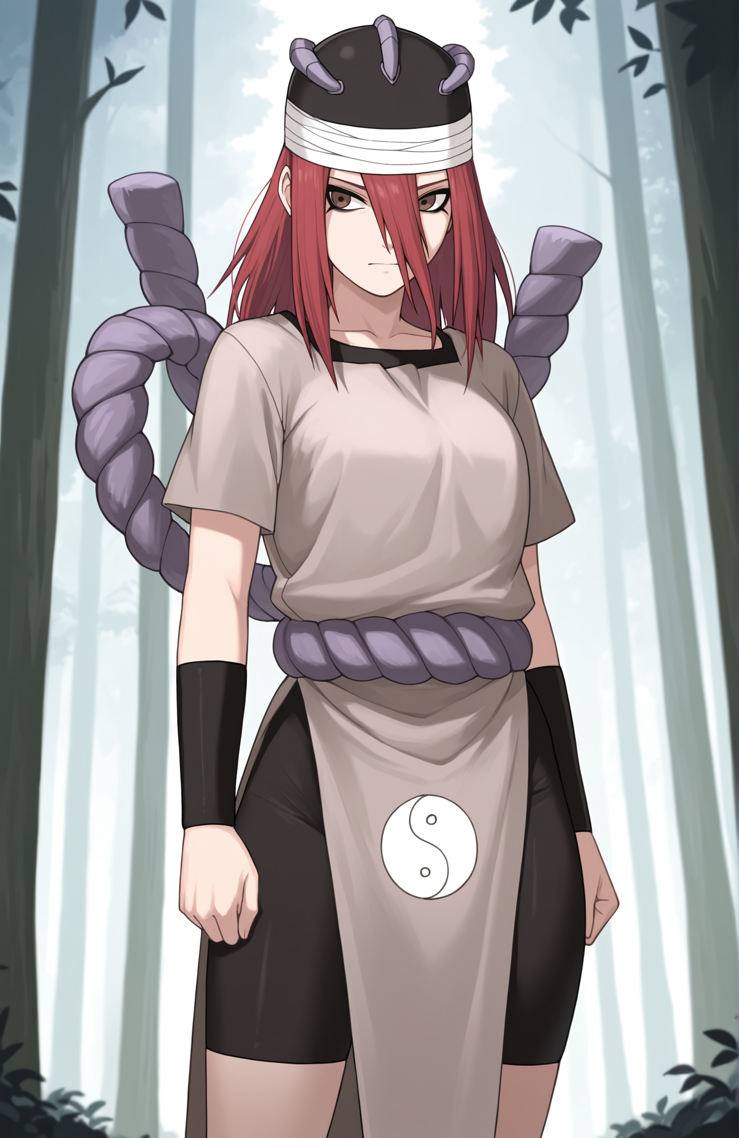 masterpiece, best quality, 1girl,  red hair,  long bangs, hair between eyes, long hair, black eyeliner, brown eyes,  black hat, bandaged head, grey tunic, shimenawa, bracer, bike shorts,  short sleeves, hat ornament,  yin yang print, solo, standing, facing viewer, forest,  <lora:Tayuya last:1>