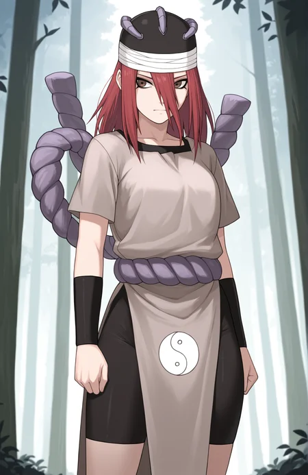 masterpiece, best quality, 1girl,  red hair,  long bangs, hair between eyes, long hair, black eyeliner, brown eyes,  black hat, bandaged head, grey tunic, shimenawa, bracer, bike shorts,  short sleeves, hat ornament,  yin yang print, solo, standing, facing viewer, forest,  <lora:Tayuya last:1>