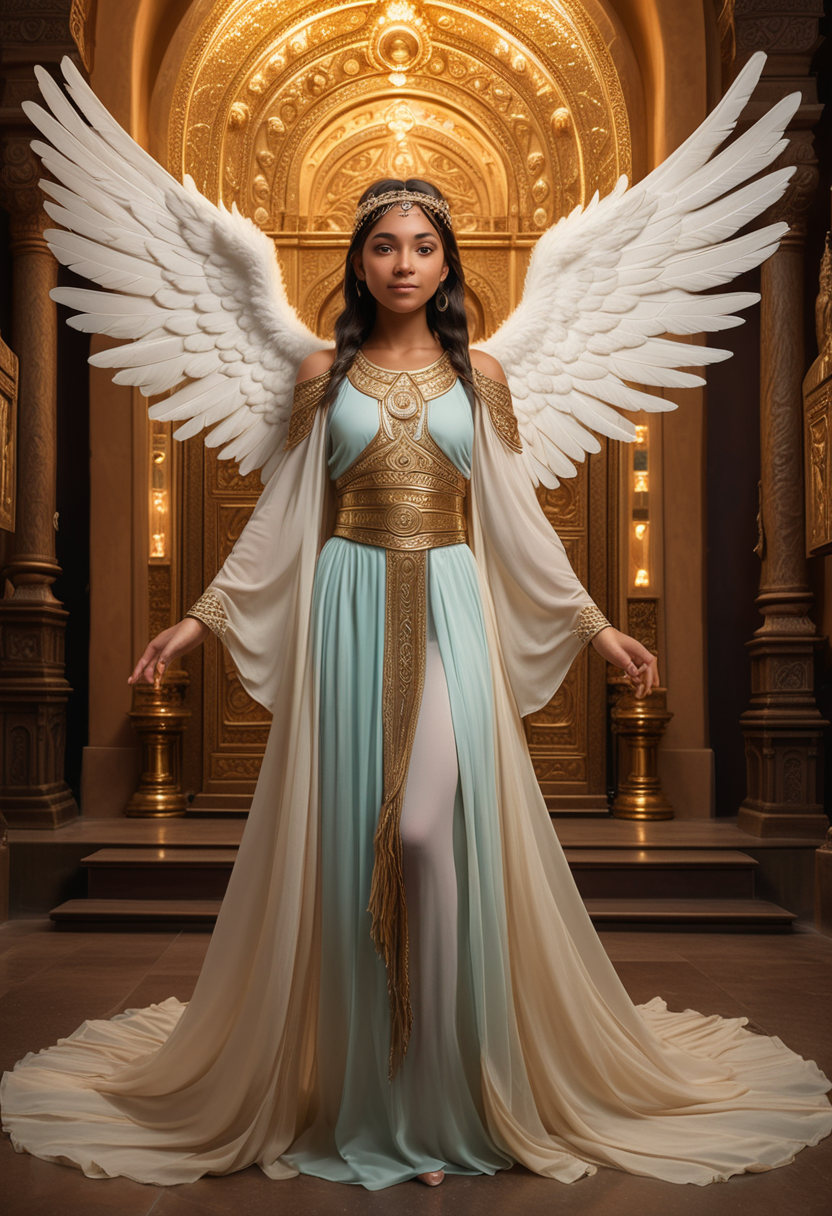 (medium full shot) of (graceful angel with feathered wings and an angel halo) young woman, Average build, long dark low bun hair, native american, tan skin, brown eyes,  wearing a celestial circlet with intricate filigree, ethereal silver angelic tunic with with golden sash, layered chiffon skirt, matching teal stockings, white flats, holding a shimmering crystal orb emitting soft light, set in  divine temple Sanctum, Ethereal chamber with shimmering golden walls, an ornate altar adorned with precious gems, celestial statues, intricately carved wooden pews, flickering candlelight casting dancing shadows , at night, woman smiling, detailed face, ,Masterpiece,best quality, raw photo, realistic, very aesthetic