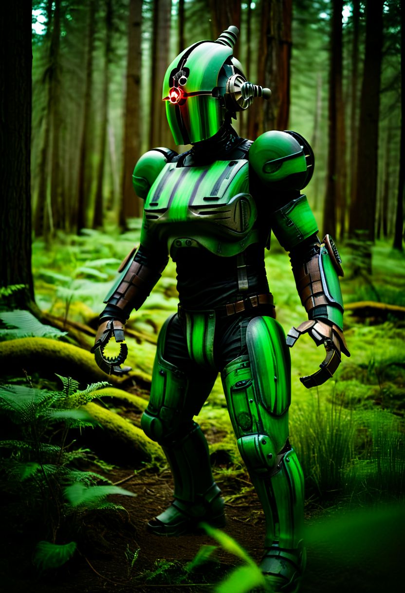 easynegative, extremely detailed, dark, chiaroscuro, low-key, AssaultronCosplay, zavy-strps, a brown assaultron robot, ((the assaultron has green stripes painted on its armor)), ((tiger stripe pattern)), in the forests of Oregon