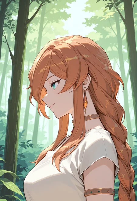 Flamme,Flamme,solo,jewelry,earrings,smile,braid,from side,upper body,nature,outdoors,tree,closed mouth,forest,profile,choker,braided ponytail,breasts,