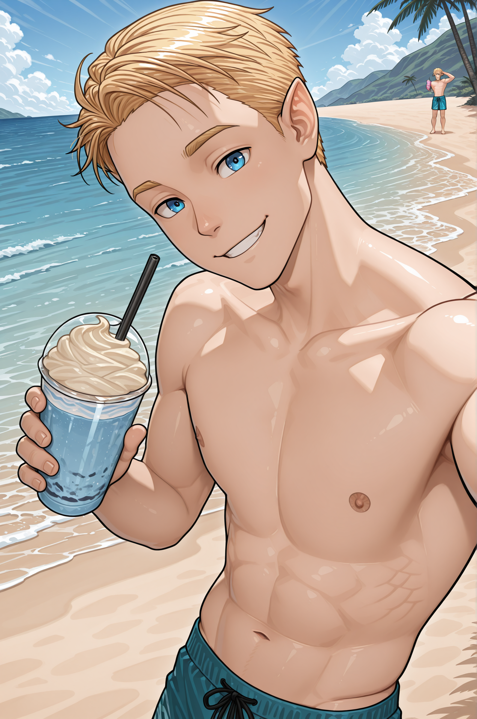 <lora:TyDecoy:1> 1boy, tydecoy, elf male, muscular, blonde hair, blue eyes, pointy ears,
smile, hawaïan swiming shorts, arm out selfie,  (holding smoothie:1.2),
beach, ocean, sunny,, masterpiece,best quality,amazing quality,newest, absurdres, highres, detailed eyes, beautiful, perfect eyes, finely detailed face, very aesthetic,