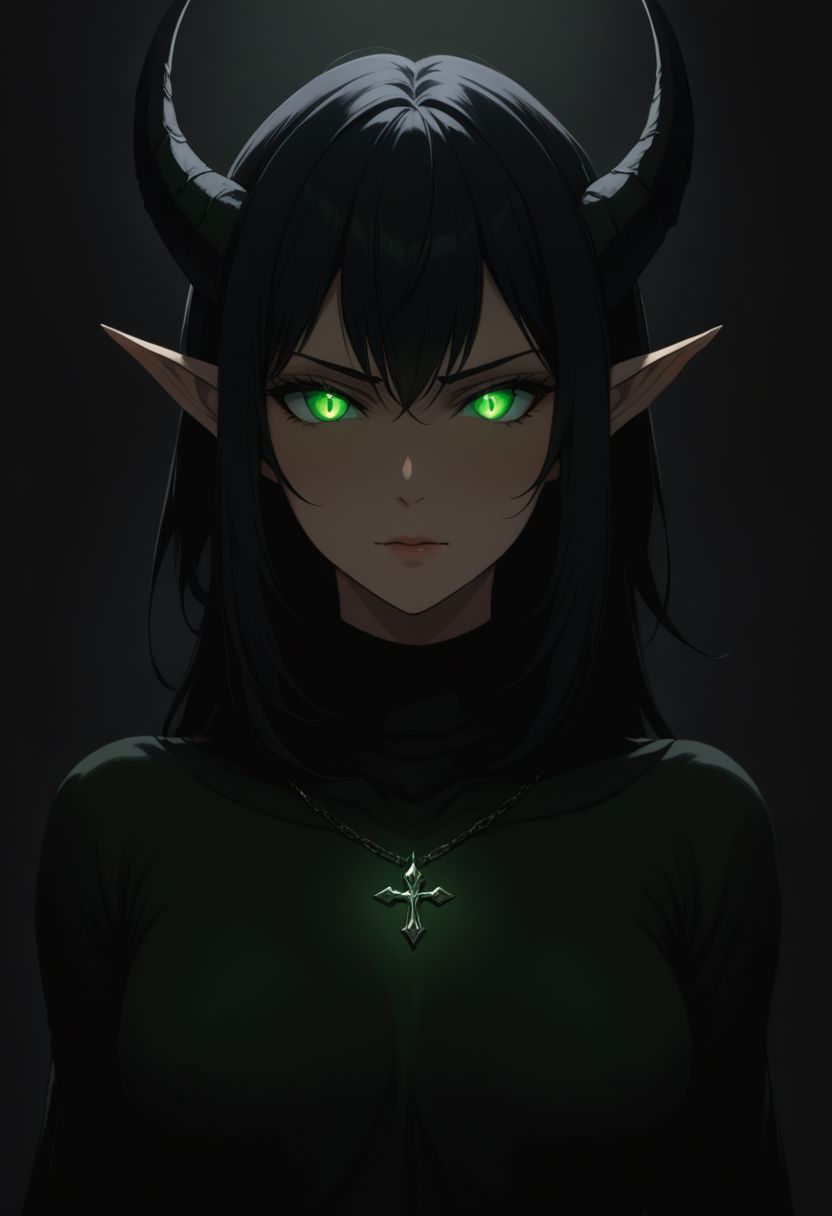masterpiece, best quality, 1girl, perfect eyes, (green eyes:1.3), (glowing eyes:1), night elf ears, mature female, milf, (black hair:1.3), wearing a turtleneck sweater, (succubus horns:1), standing straight, dark, chiaroscuro, low-key, blushing, upper body, jewelry, cross necklace, darkest place