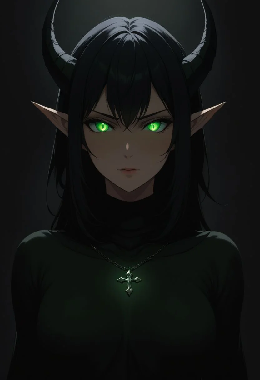 masterpiece, best quality, 1girl, perfect eyes, (green eyes:1.3), (glowing eyes:1), night elf ears, mature female, milf, (black hair:1.3), wearing a turtleneck sweater, (succubus horns:1), standing straight, dark, chiaroscuro, low-key, blushing, upper body, jewelry, cross necklace, darkest place