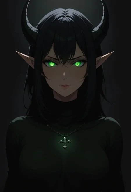 masterpiece, best quality, 1girl, perfect eyes, (green eyes:1.3), (glowing eyes:1), night elf ears, mature female, milf, (black hair:1.3), wearing a turtleneck sweater, (succubus horns:1), standing straight, dark, chiaroscuro, low-key, blushing, upper body, jewelry, cross necklace, darkest place