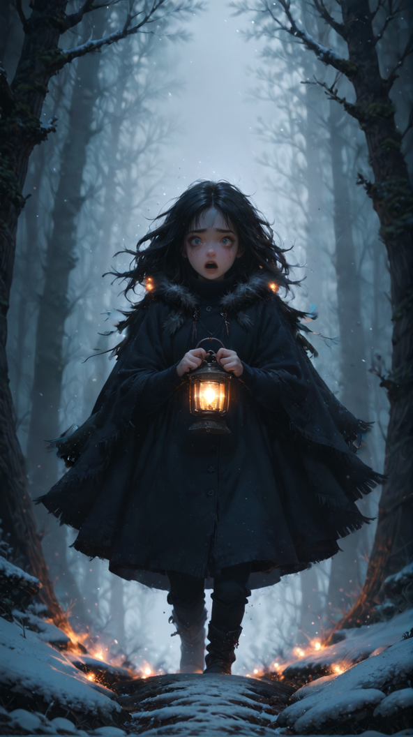 score_9, score_8_up, score_7_up, rating_safe,
1girl, solo, small breasts, black hair, black cloak, fur lined cloak, turtleneck, walking in snow towards viewer, tracks in snow, black jeans, holding up lantern, wide eyed, scared face, moonlight, tears, running mascara,
monstrous background, monster background,
dark forest, black forest, bare trees, winter forest, frost, haze, yellow fog, shadowed background, blurry background,
mounstrouse background,
horror, lovecraft horror, dark, nighttime, fireflies, looking up, open mouth, 
<lora:Expressive_H:1> <lora:princess_xl_v2:1> <lora:Fant5yP0ny:1> <lora:Vixons Pomy Styles Gothic Neon:.45> <lora:HKStyle_V3:1>