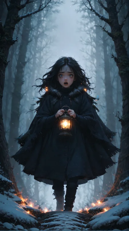 score_9, score_8_up, score_7_up, rating_safe,
1girl, solo, small breasts, black hair, black cloak, fur lined cloak, turtleneck, walking in snow towards viewer, tracks in snow, black jeans, holding up lantern, wide eyed, scared face, moonlight, tears, running mascara,
monstrous background, monster background,
dark forest, black forest, bare trees, winter forest, frost, haze, yellow fog, shadowed background, blurry background,
mounstrouse background,
horror, lovecraft horror, dark, nighttime, fireflies, looking up, open mouth,
<lora:Expressive_H:1> <lora:princess_xl_v2:1> <lora:Fant5yP0ny:1> <lora:Vixons Pomy Styles Gothic Neon:.45> <lora:HKStyle_V3:1>