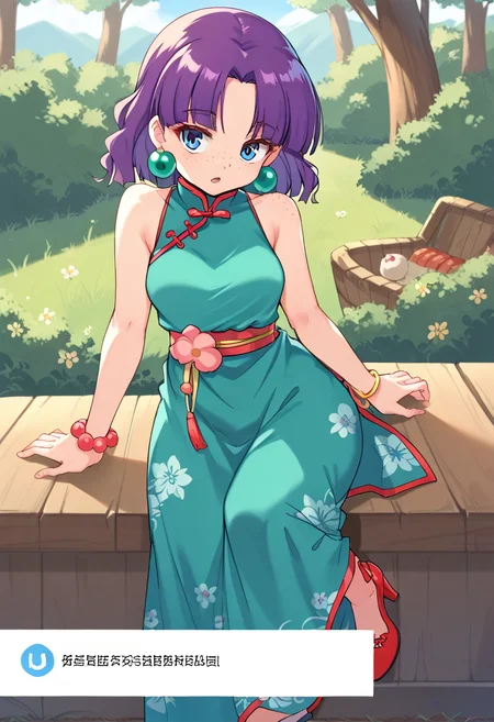score_9, score_8_up, score_7_up, best quality, uncensored, source_anime, BREAK
1girl, solo, sue(grandia), purple hair, medium hair, hair ribbon, blue eyes, green earrings, freckles, (green long dress, sexy dress, floral print), china dress, earrings, bracelet, bare shoulders, bare arms, (thighs, sideboob:1), high_heels, pl3as3rplatf0rmb00ts,,
:o, downblouse, claw pose, outdoors, 
<lora:sdxl_lightning_8step_lora:1>  <lora:sue(grandia)_XL(pony):1>