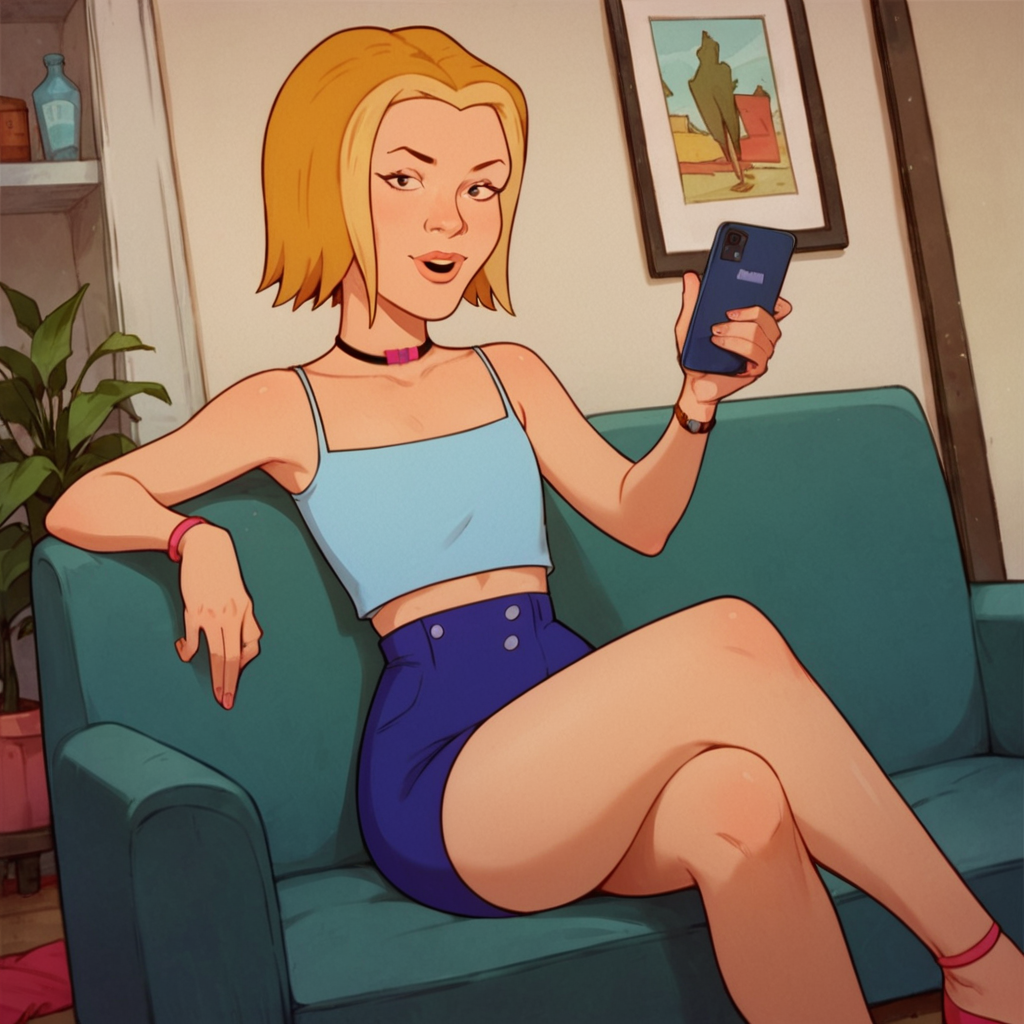 score_9, score_8_up, score_7_up, 1girl, blonde hair, short hair, choker, flat chest, narrow waist, wide hips, looking at viewer, on couch, sitting, crossed legs, holding phone, highres, high quality, masterpiece, <lora:Serena_ShawV2:1>