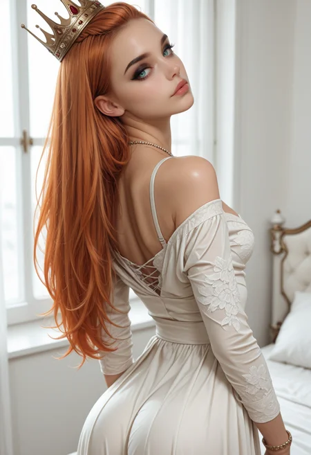 8K, depth of field, dynamic angle, sexy pose, best quality, detailed eyes, perfect eyes, realistic eyes, single, one, ginger hair, pinned back bangs hair, aqua eyes, thick eyebrows, black eyebrows, darker eyeshadow, full lips, slim body, collarbone, queen dress, white dress, long sleeves, off shoulder, crown, necklace, bracelet, floating hair, , small breast, realistic breast, braless, , BREAK, Leaning back, looking back, from behind, detailed ass, round ass, looking at viewer, movie perspective, white room, white bedroom, white background, depth of field, <lora:MoriiMee_Gothic_Niji_Style_Illustrious_r1:0.7> artist:moriimee,  <lora:PowerPuffMixLora:0.5>,  <lora:Detailer_NoobAI_Incrs_v1:0.6> detailed,