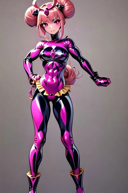 1girl, solo, Bad_End_Precure, Bad_End_Happy, muscular female with abs and thick thighs, pink hair, pink eyes, frilly bodysuit, latex, standing, fighting, fly, magic, masterpiece, cure_happy, red gems