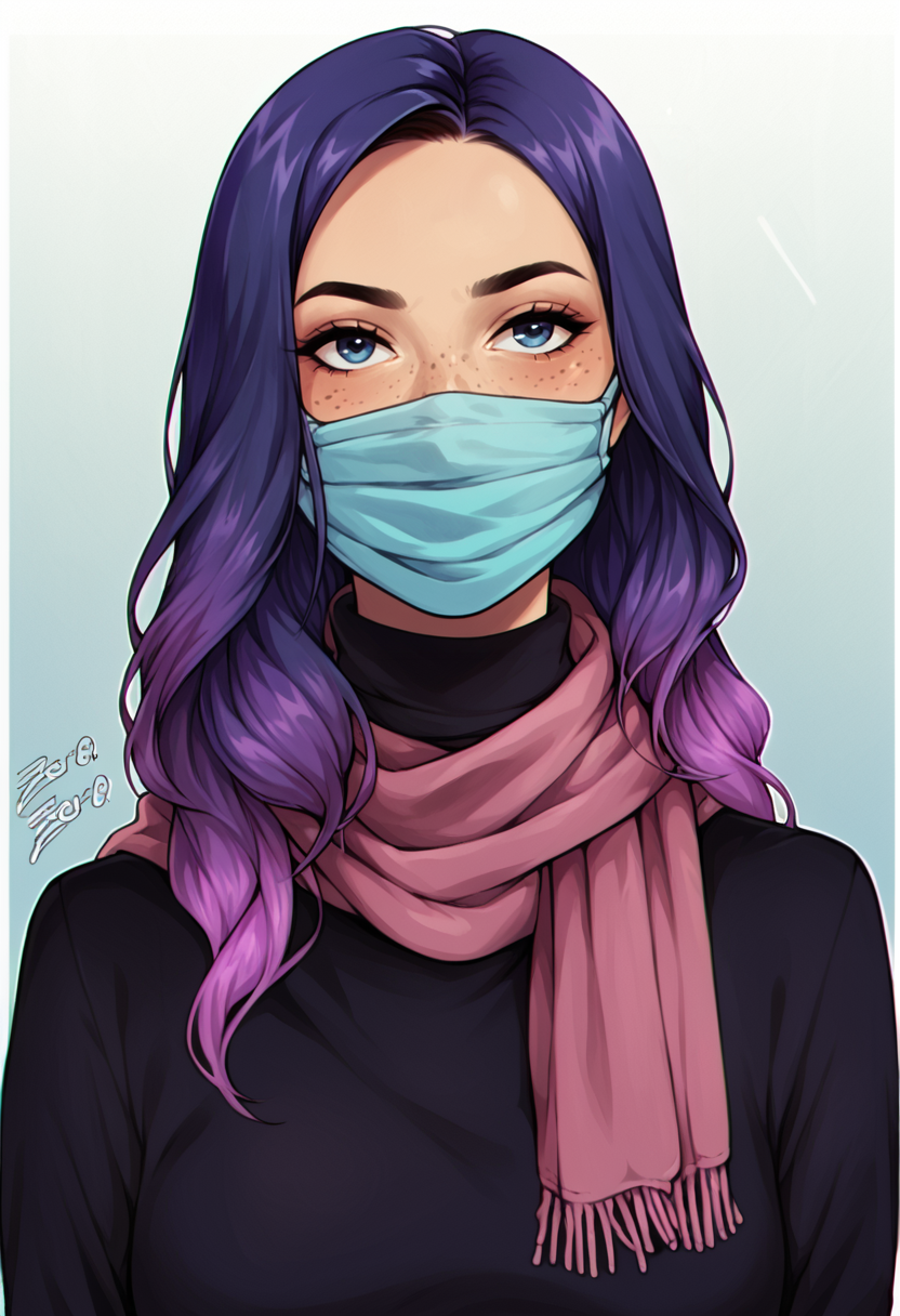 score_9, score_8_up, score_7_up, score_6_up, BREAK
1girl, solo, turtleneck, facemask, scarf, hijab, better cover all, or else, <lora:PulenKompot-Zer0.Zer0_Style_PonyXL:1> zer0 <lora:PulenKompot-UwU-PonyXL:1> uwu, 1girl, long hair, two_tone_hair, dark blue hair, purple hair, gradient hair, blue eyes, freckles,
