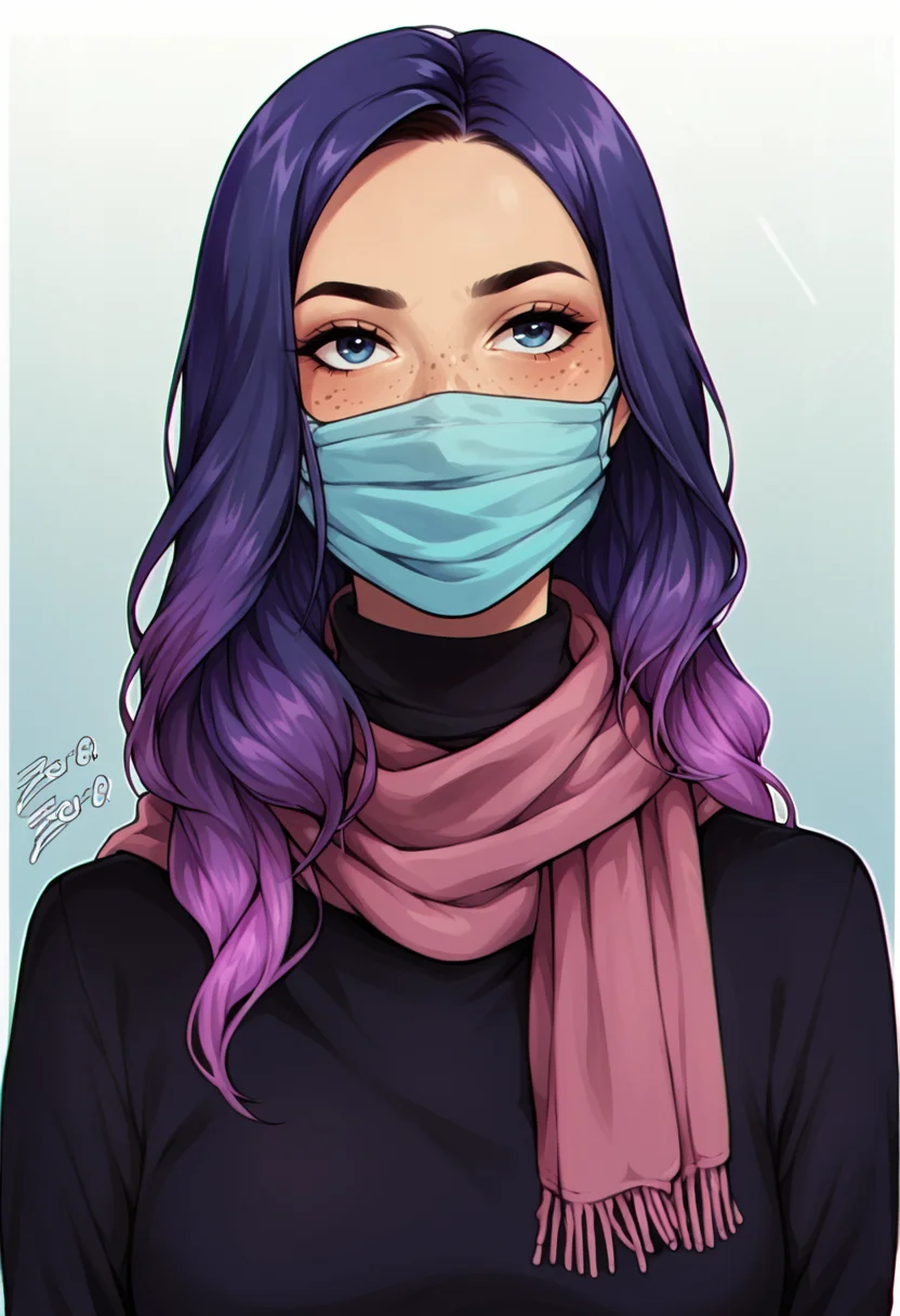 score_9, score_8_up, score_7_up, score_6_up, BREAK
1girl, solo, turtleneck, facemask, scarf, hijab, better cover all, or else, <lora:PulenKompot-Zer0.Zer0_Style_PonyXL:1> zer0 <lora:PulenKompot-UwU-PonyXL:1> uwu, 1girl, long hair, two_tone_hair, dark blue hair, purple hair, gradient hair, blue eyes, freckles,