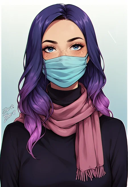 score_9, score_8_up, score_7_up, score_6_up, BREAK
1girl, solo, turtleneck, facemask, scarf, hijab, better cover all, or else, <lora:PulenKompot-Zer0.Zer0_Style_PonyXL:1> zer0 <lora:PulenKompot-UwU-PonyXL:1> uwu, 1girl, long hair, two_tone_hair, dark blue hair, purple hair, gradient hair, blue eyes, freckles,