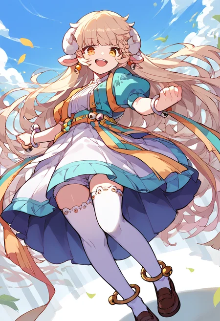 score_9,score_8_up,score_7_up,source_anime,zPDXL3,grasslands,
*//*,<lora:Lara_v1.2-000009:1.0>,1girl,lara,blonde hair,long hair,white horns,yellow eyes,sheep ears,white thighhighs,puffy short sleeves,brown shoes,earrings,anklet,bell,smile,open mouth,
*//*,looking at viewer,cowboy shot,dutch angle,dynamic pose,