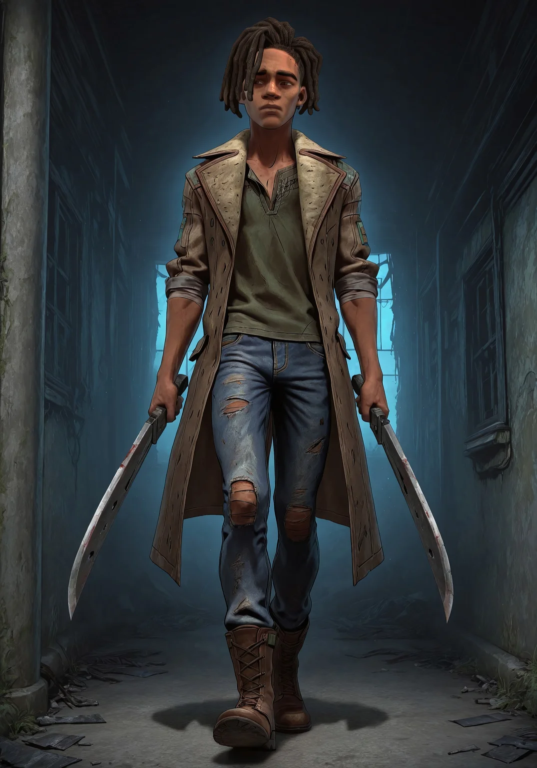 masterpiece, best quality, amazing quality, very aesthetic, high resolution, ultra-detailed, absurdres, 1boy, male focus, 1boy, LouTWD, dark skin, dreadlocks, brown hair, brown eyes, solo, green t-shirt, brown trench coat with duct tape on the left sleeves, blue jeans, brown boots, BREAK, masterpiece, best quality, amazing quality, very aesthetic, high resolution, ultra-detailed, absurdres, abandoned manor, dynamic pose, 18 years old, cg, screencap, walking, holding bloody weapon, skinny,