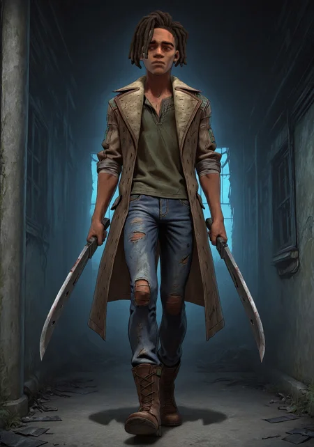 masterpiece, best quality, amazing quality, very aesthetic, high resolution, ultra-detailed, absurdres, 1boy, male focus, 1boy, LouTWD, dark skin, dreadlocks, brown hair, brown eyes, solo, green t-shirt, brown trench coat with duct tape on the left sleeves, blue jeans, brown boots, BREAK, masterpiece, best quality, amazing quality, very aesthetic, high resolution, ultra-detailed, absurdres, abandoned manor, dynamic pose, 18 years old, cg, screencap, walking, holding bloody weapon, skinny,