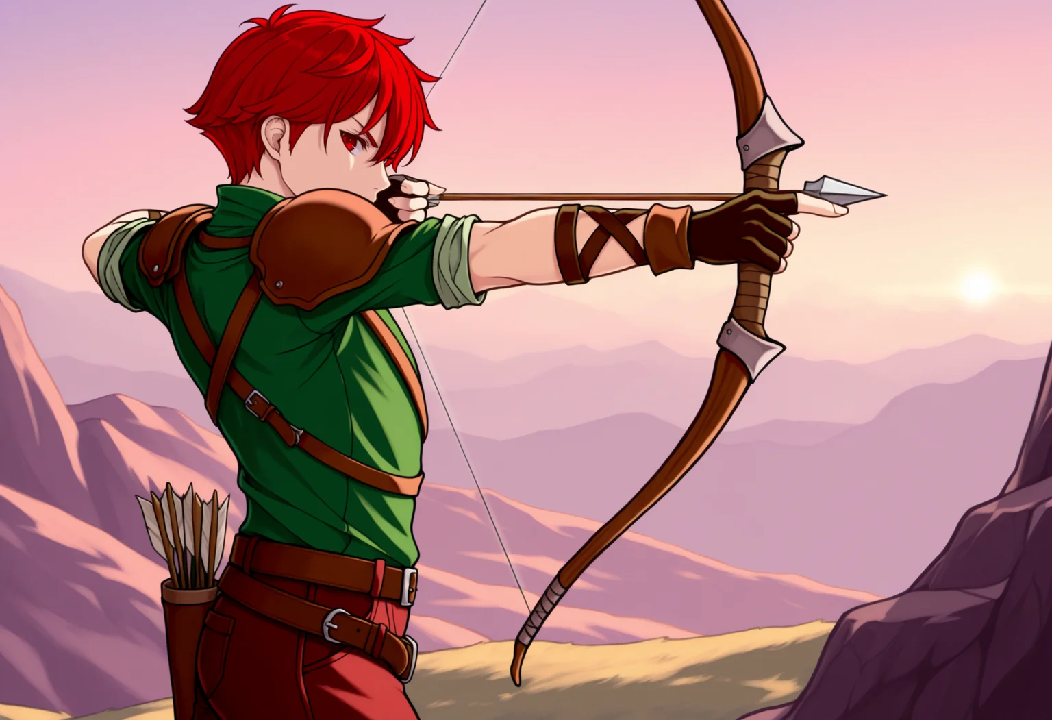 masterpiece, best quality, solo, 1boy, looking at viewer, <lora:Radd-illus_Fp:1>, radd, red hair, red eyes, short hair, green shirt, pants, fingerless gloves, shoulder armor, belt, bow \(weapon\), aiming, from side, outdoors,
