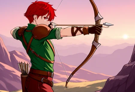 masterpiece, best quality, solo, 1boy, looking at viewer,  <lora:Radd-illus_Fp:1>, radd, red hair, red eyes, short hair, green shirt, pants, fingerless gloves, shoulder armor, belt, bow \(weapon\), aiming, from side, outdoors,