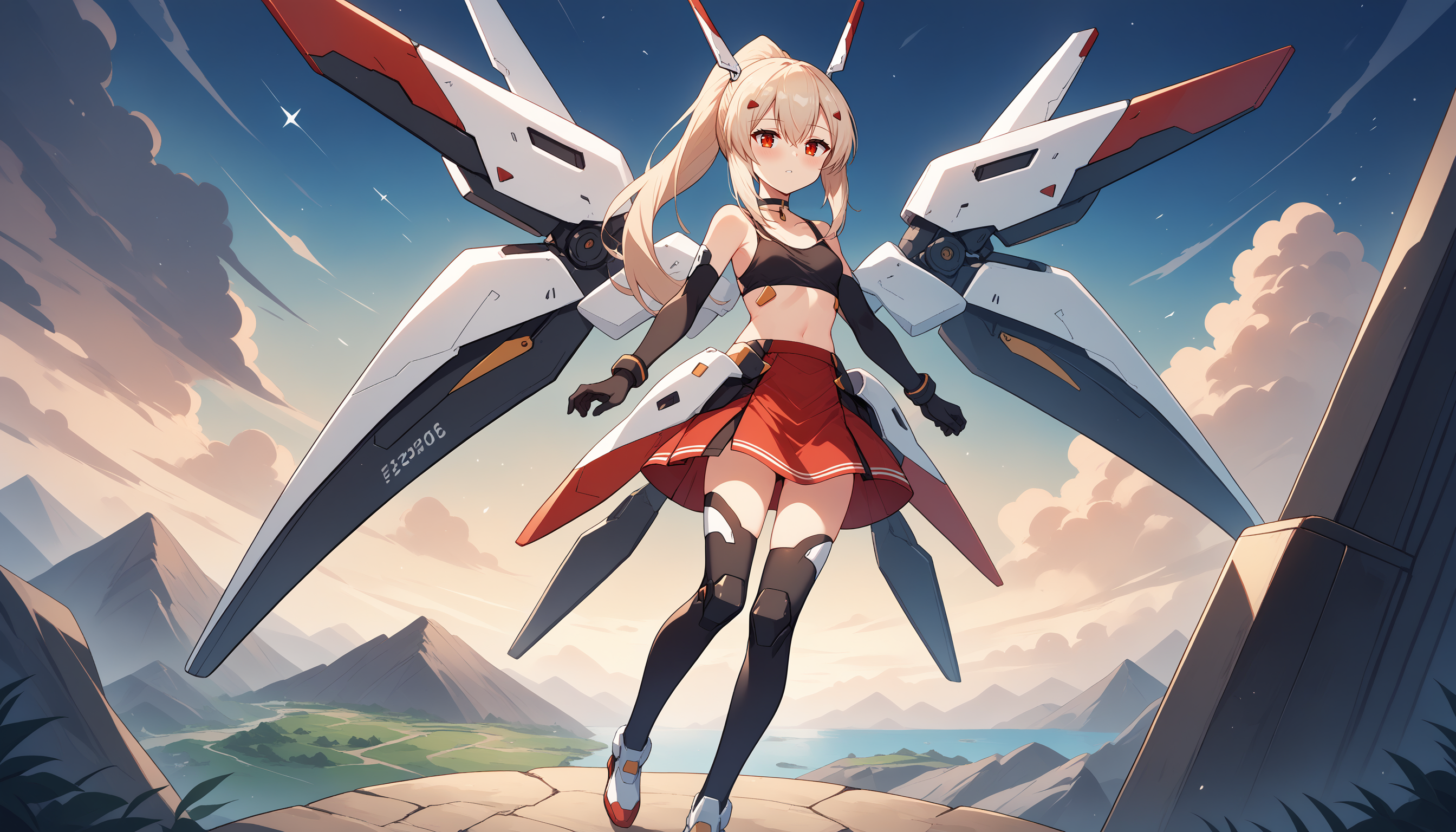 score_9, score_8_up, score_7_up, BREAK source_anime, best quality, masterpiece, <lora:Ayanami-ayanami_azur_lane-pony_final:1>, ayanami_azur_lane, 1girl,mecha musume,mechanical wings, small breasts,long hair,blonde hair, ponytail,red eyes,game cg, red skirt, black crop top, choker, night, flying island, sky, clouds, stars