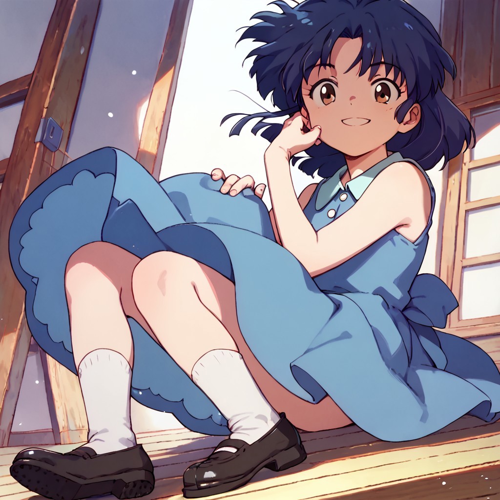 score_9, score_8_up, score_7_up BREAK AkaneTendo, 1girl, dark blue bob cut, brown eyes, sleeveless blue dress, puff sleeve white collared undershirt, socks, black mary jane shoes, smiling at viewer,