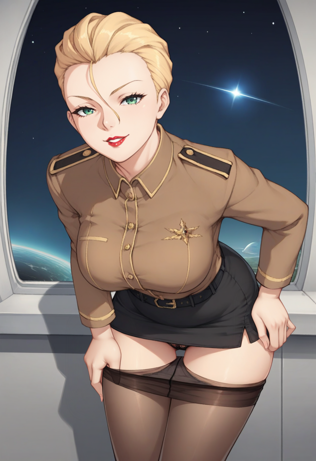 score_9, score_8_up, score_7_up, score_6_up, score_5_up, score_4_up, source_anime, <lora:MSGSF91LydiaDorfman1_5:0.8>, MSGSF91LydiaDorfman, blonde hair, green eyes, lipstick, short hair, forehead, hair slicked back, hair between eyes, large breasts,
brown collared shirt, military uniform, black skirt, pencil skirt, black belt, black lingerie, underwear,
(pantyhose pull), grabbing, standing, leaning forward, solo, looking at viewer, seductive smile, 
BREAK space, galaxy, indoors, window,