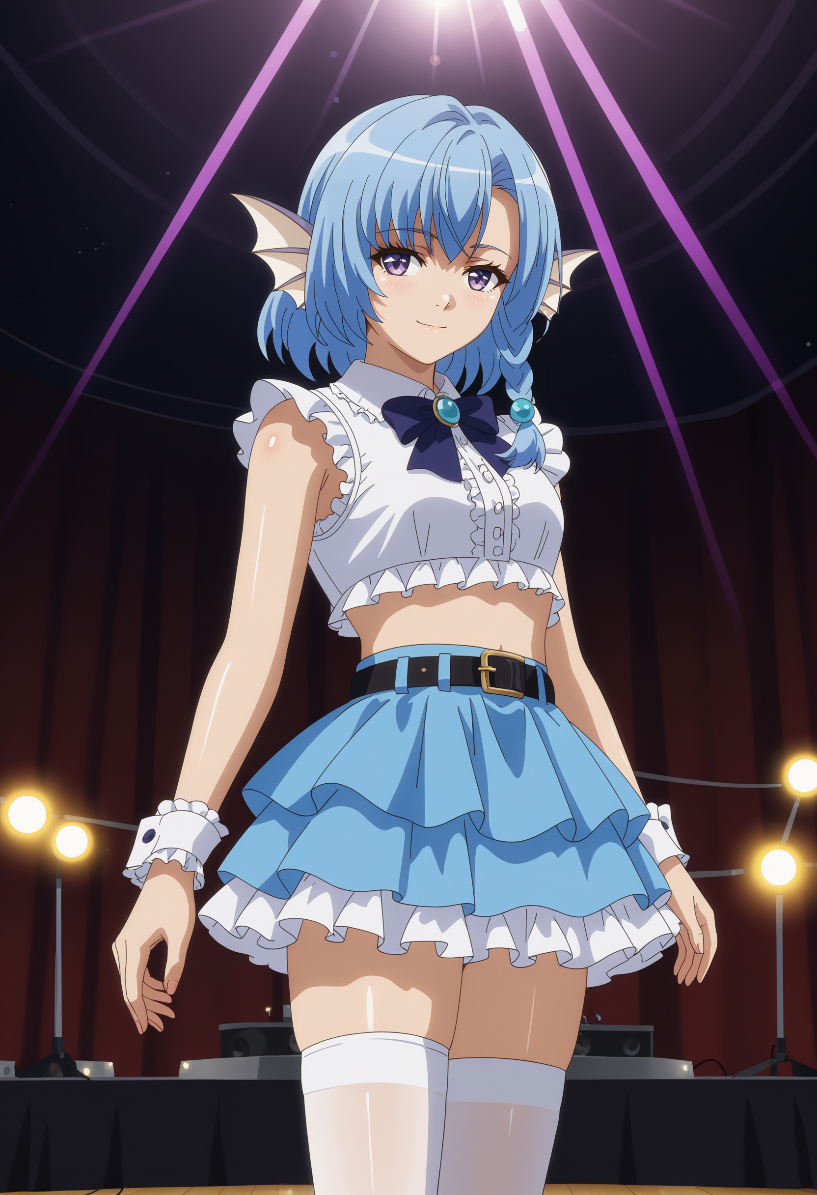 score_7_up, anime screencap,
<lora:EnjoKouhai_ElliotLeucosiaXL:0.9>, ElliotLeucosia, 
1girl, solo, closed mouth, light smile,
medium hair, blue hair, purple eyes, head fins, single braid,
frilled shirt, white shirt, sleeveless, crop top, wrist cuffs, black belt, layered skirt, frilled skirt, blue skirt, white thighhighs, 
standing, looking at viewer,
stage, stage lights, lens flare