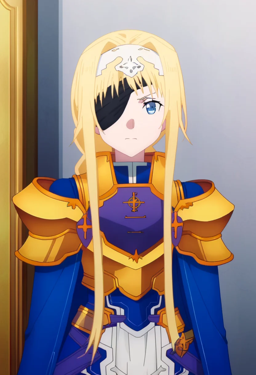 score_9, <lora:alice_zuberg:1> alice zuberg, 1girl, alice zuberg, closed mouth, armor, blonde hair, blue cape, blue dress, braided ponytail, eyepatch, gold armor, knight, long hair, shoulder armor, solo, very long hair