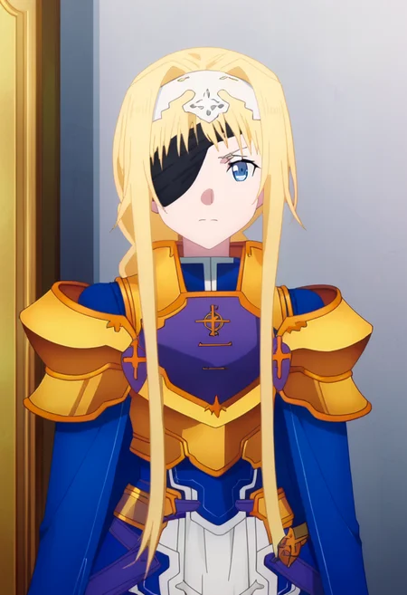 score_9, <lora:alice_zuberg:1> alice zuberg, 1girl, alice zuberg, closed mouth, armor, blonde hair, blue cape, blue dress, braided ponytail, eyepatch, gold armor, knight, long hair, shoulder armor, solo, very long hair