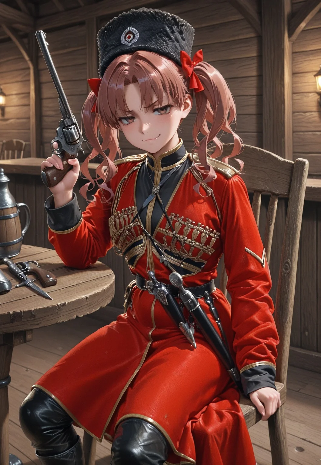 masterpiece, best quality, amazing quality, absurdres, one girl, shirai kuroko, brown eyes, brown hair, long hair, hair bow, red bow, twintails, parted bangs, k4z4k, black fur hat, red coat, black shirt, sheath, sword, military uniform, dagger, black boots, sitting, chair, wooden chair, table, wooden table, tavern, revolver, holding gun, smug, cowboy shot, looking at viewer,