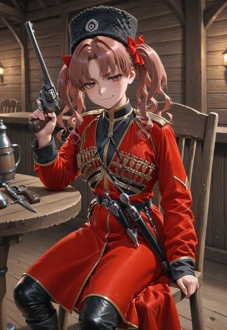 masterpiece, best quality, amazing quality, absurdres, one girl, shirai kuroko, brown eyes, brown hair, long hair, hair bow, red bow, twintails, parted bangs, k4z4k, black fur hat, red coat, black shirt, sheath, sword, military uniform, dagger, black boots, sitting, chair, wooden chair, table, wooden table, tavern, revolver, holding gun, smug, cowboy shot, looking at viewer,