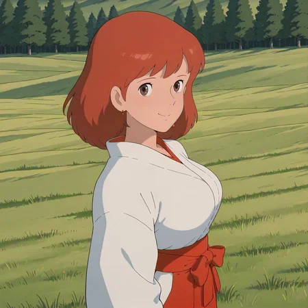 <lora:NotVotW_NausicaaXLIllustrious022>,
masterpiece,best quality,good quality,newest,
outdoors,detailed background,grassland,nature,
smile,
looking at viewer,
solo,
VWNausicaa,1girl,brown hair,medium hair,brown eyes,
breasts,
standing,
miko,white kimono,red hakama,