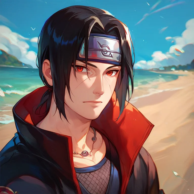 (score_9_up, score_8_up, score_7_up, score_6_up:1.2), (rating_questionable:1.2), <lora:Itachi_Uchiha_naruto_pony:1> uchiwa5, black hair, forehead protector, red eyes, sharingan, sportswear, outdoors, sand, beach, (1boy), (male focus), solo