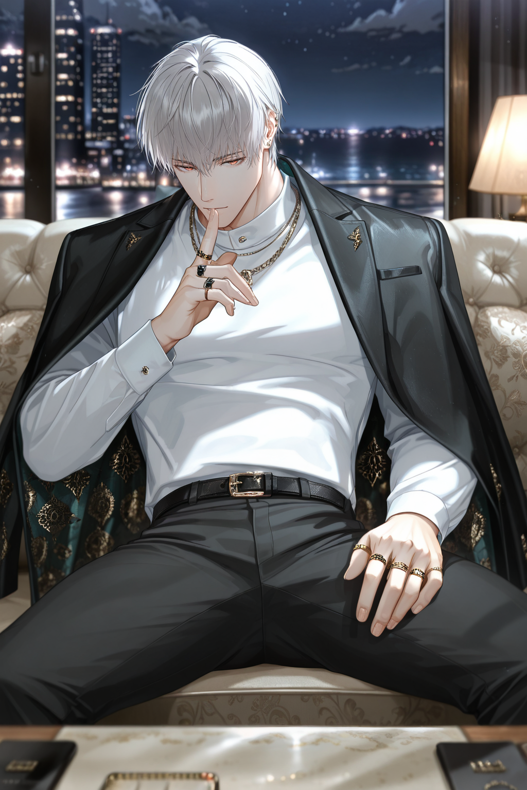 <lora:sariel-IL:0.9>,sariel, white hair, 1boy, male focus, solo, pants, jewelry, black pants, shirt, white shirt, ring, belt, sitting, night, jacket, couch, necklace, long sleeves, short hair, blurry, jacket on shoulders, black jacket, finger to mouth, black belt, leaning back, head down, looking at viewer, yaoi,bara,male focus,very awa,masterpiece,best quality,amazing quality,nsfw,uncersored,highres,best quality,amazing quality,best aesthetic,absurdres,