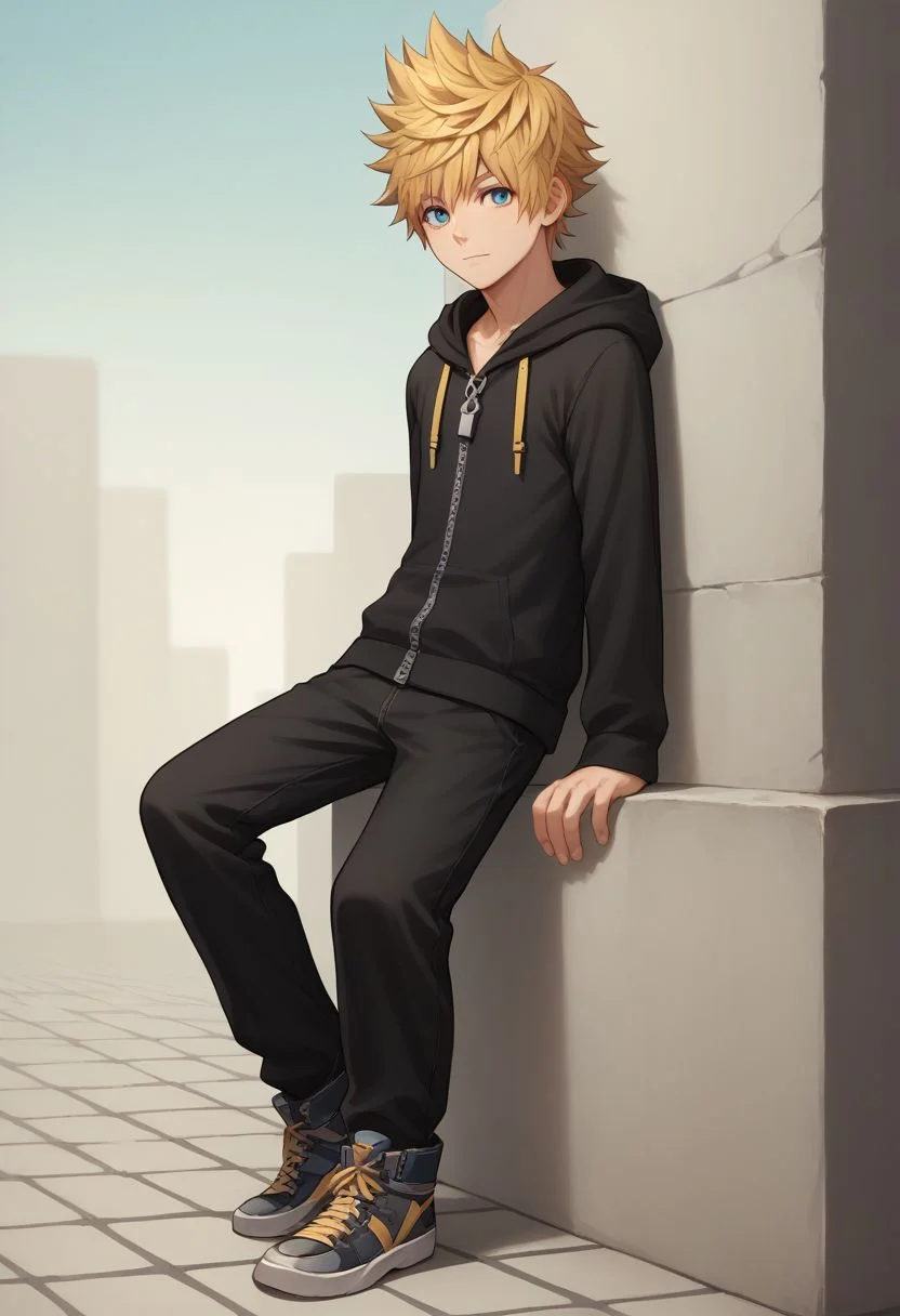 score_9, score_8_up, source_anime, highly detailed, 1boy, solo, male_focus slender, skinny, full body,
roxas, 1boy, male focus, solo, blue eyes, blonde hair, spiked hair, hood, hood down, zipper, black hoodie,
outdoor,