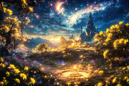 <lora:FantasyLandscape:1> , FanLan , day:1.15, soft light, fantasy living, trees, forest, magical lights, a small and winding path to the meadows, ((many yellow flowers)):1.1, (a buster sword stuck in the ground,1sword, one sword),
(masterpiece:1.2), (best quality,:1.2), 8k, HDR, ultra detailed, ((photorealistic)), professional light, cinematic lighting, fashion photography, ambient lighting, fantasy,
<lora:Night scene_20230715120543:0.7>, cozy , starry sky , star , moon ,<lora:magic particles ã­ã©ã­ã©ã¨ãã§ã¯ã v1:0.75>, ((magic particles, magic circle, magic aura)), (no humans)
