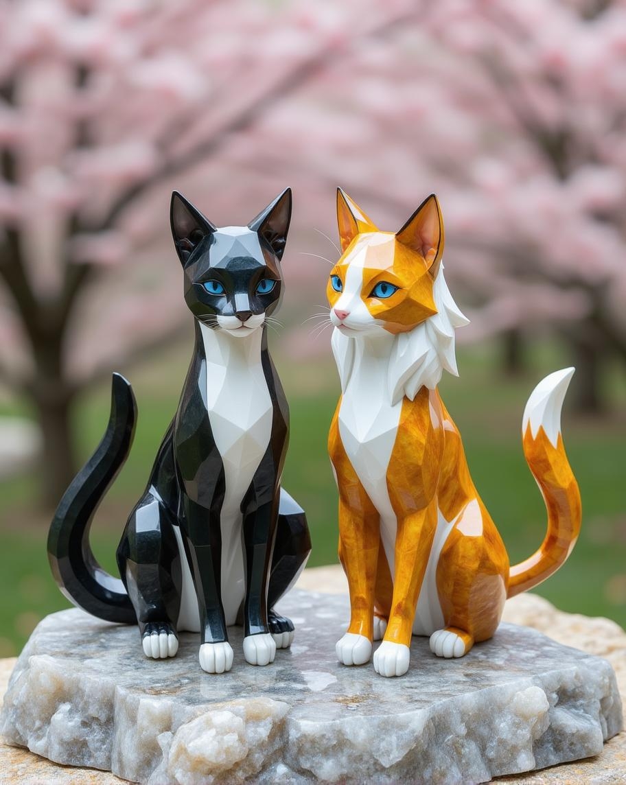 <lora:ck-polygon-gems-0019.safetensors:1> a crafted gemstone model in the style of cklg featuring a
Two cat-like beings inhabit a serene, idyllic setting amidst cherry blossom trees. The first character presents a modern edge with its sleek black and white coat, piercing blue eyes, and well-groomed fur. In contrast, the second entity embodies whimsy and fantasy with its vibrant yellow and brown hue, fluffy white mane, and inviting expression. They each display distinct personalities through their features and poses, one standing confidently, the other sitting elegantly, both showcasing long tails curled in motion.