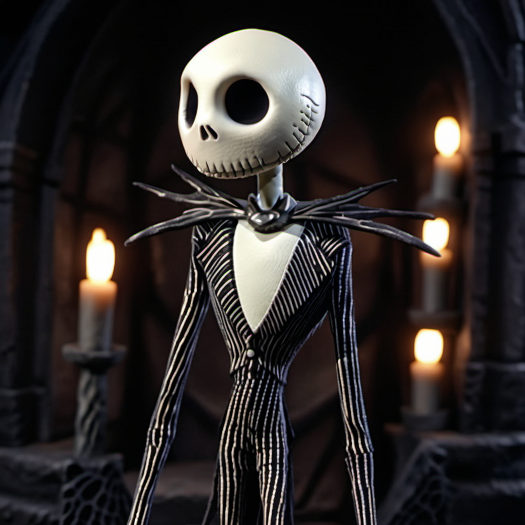 JackSkellington1024, full body,  in haunted catle, candles, spooky, night,  detailed eyes, highly detailed, photography, ultra sharp, film, bokeh, professional, 4k <lora:JackSkellington1024-000495:0.7>