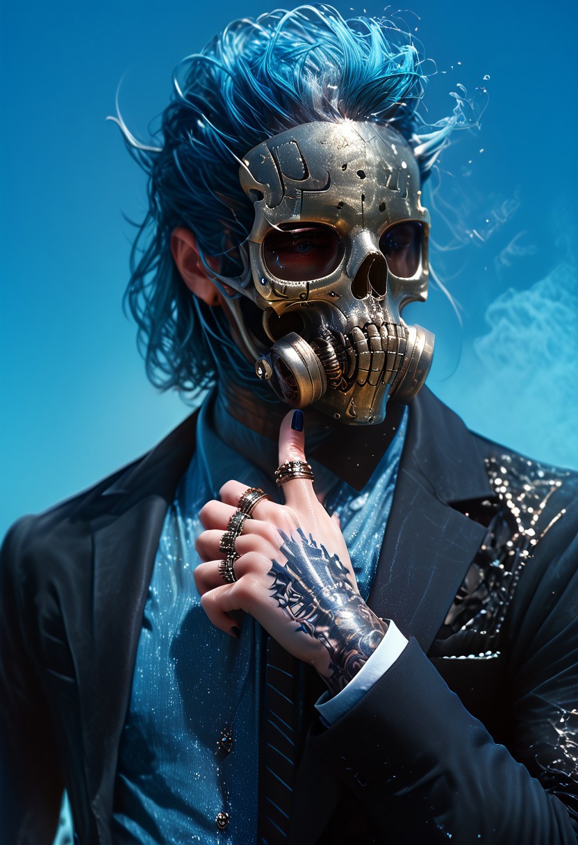 (score_9, score_8_up), score_7_up, 1boy, Highly detailed RAW color Photo, shirt, long sleeves, jewelry, jacket, upper body, earrings, necktie, collared shirt, hand up, necklace, black jacket, gradient, black nail polish, gradient background, tattoo, glowing, formal, ring, suit, cross, mask, skull mask, spikes, black suit, metallic texture, blue theme, blue fire, multiple rings, hand tattoo, simple background, dark blue background, blue theme, gorgeous details, depth perception, backlighting, photorealistic, breathtaking scenery, perfectly rendered reflections, detailed clothing,
dark lighting, dof, depth of field, realistic, dark background, CINE, blue embers, low-key,
<lora:unholy-000009:0.8> <lora:CINE-000008:0.4>
<lora:sinfully_stylish_SDKL:0.5> <lora:xl_more_art-full_v1:0.4> <lora:zavy-cntrst-sdxl:0.7> <lora:Gas_mask-000009:0.4><lora:hand 4:0.5>