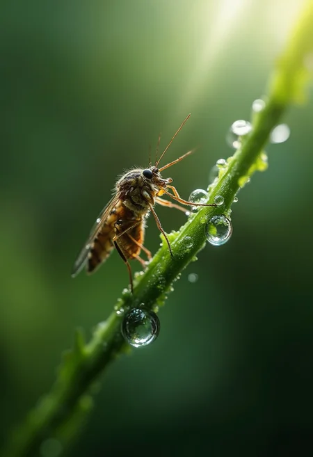 hyper realistic detailed image, (((mosquito:1.3))), nimble, [sun shine on dew drops], epic, cinematic photography with sharp focus, 16k hdr, volumetric lighting, depth of field, hyper realism of fog and haze, vivid colors and textures, unique examples of nature as shown by the artist, very stunning landscapes