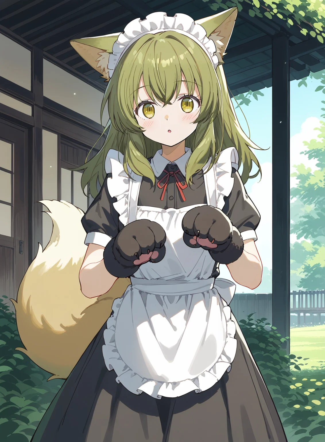 score_9,score_8_up,score_7_up,
1girl,solo,<lora:yukihira itsuka_deaimon_PONY_last>,yukihira itsuka,fox beard,yellow eyes,green hair,straight hair,long hair,outdoors,(in a meadow:1.3),standing,(paw gloves:1.3),(maid:1.2),(maid apron:1.2),fox ears,fox tail,