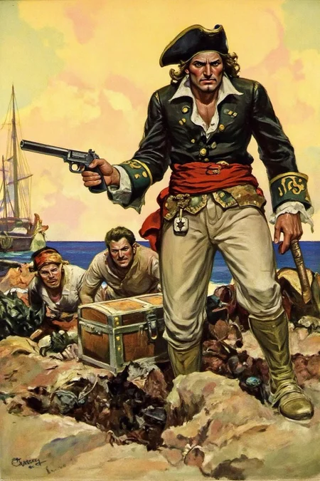 schoonover1 illustration. hopy1.
hopy1.
The scene is set on a sandy beach at sunset, with the sky transitioning from a warm yellow to a soft orange hue. In the foreground, a tall, imposing pirate captain stands confidently with a wide-brimmed black hat, a red sash tied around his waist, and a menacing look on his face. He is holding a pistol. There is a treasure chest beside him. Beneth him are men digging with shovels. <lora:schoonover1_cap_d6a3e11:1.0><lora:831477781566268668:0>
