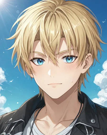 score_9, score_8_up, score_7_up, original style, depth of field, BREAK, rating_safe, 1boy, solo, yaoi, male focus, portrait, skinny, <lora:brammashell_pony:1> brammashell_gc, blonde hair, blue eyes, short hair, hair between eyes, bangs, casual, looking at viewer, facing viewer, day,<lora:sdxl_lightning_8step_lora:1> <lora:xl_more_art-full_v1:0.5> <lora:Pony_DetailV2.0:1> <lora:Pony_QualityV4.0:1>