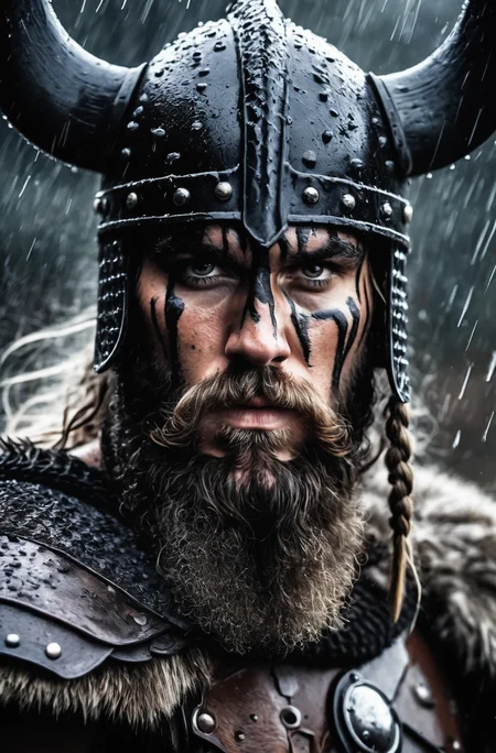 A close-up shot of a fierce Viking King, covered in dripping wet black mud, wearing a dark metal helmet with imposing black horns. His dark warpaint and scruffy black beard emphasize his angry expression, while a scar on his face tells a story of battles fought. The scene is bathed in cinematic lighting with dramatic volumetric rays, creating a moody and intense atmosphere. The Viking King grips his menacing Viking Axe