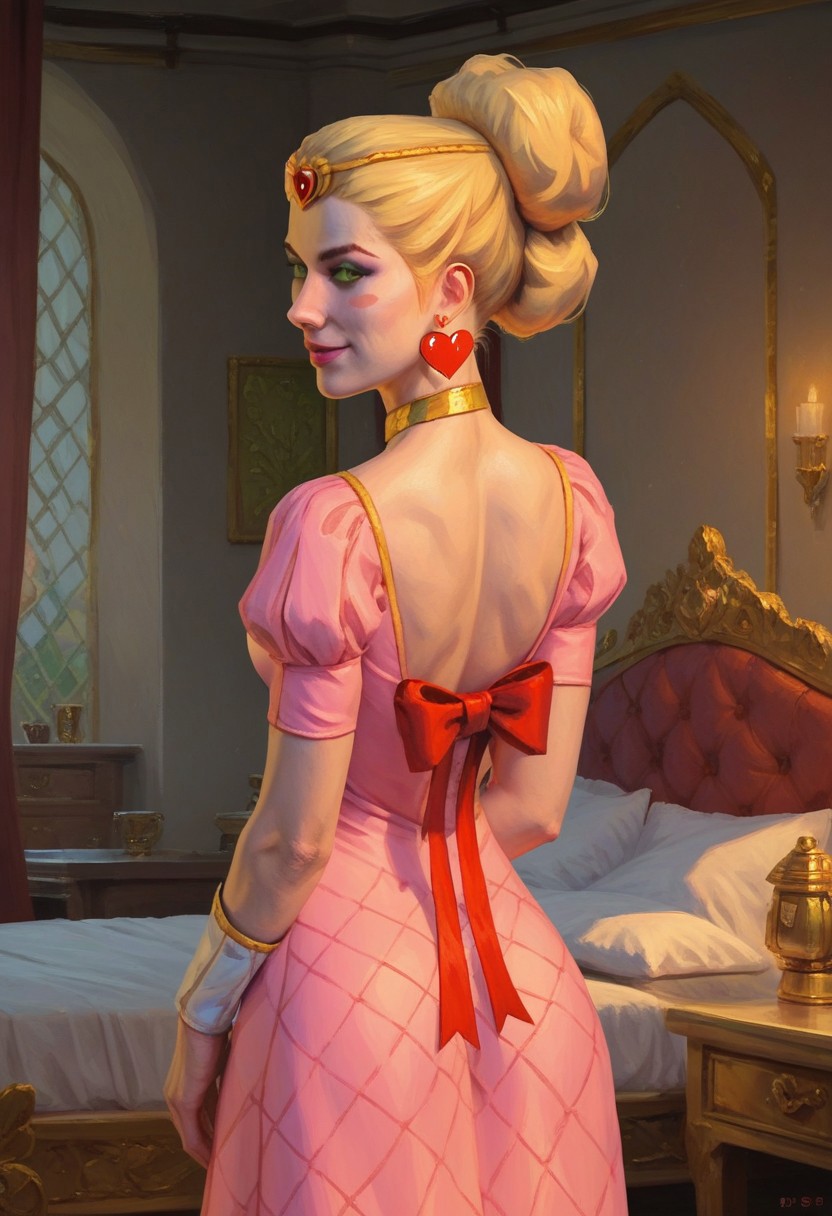 Score_9_up, score_8_up, score_7_up, score_6_up, 1girl, solo, Duchess_B_MSK, blonde hair, gold choker, green eyes, pink dress, heart earrings, from behind, red bow, gold hair bun cage,  blush stickers, gold circlet, naughty smile, looking over shoulder, adult, standing, indoors, bedroom, (realistic, painted art)