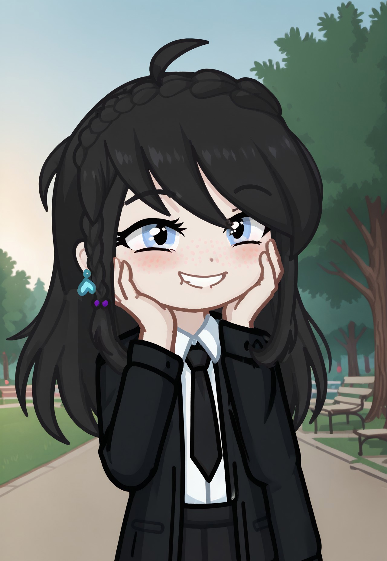 GELUGDD, GELUGDDGacha, Gacha, girl, black hair, long hair, braid, blue eyes, blue earrings, black tie, black jacket with tie, black skirt,, sunset, park, golden hour, Tasty Food, hand on face, closed eyes, happy, score_9,score_8_up,score_7_up,score_6_up,score_5_up